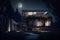 a modern house, with sleek lines and minimalist features, surrounded by lush foliage on a moonlit night