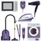 Modern household appliances, set. Washing machine, vacuum cleaner, iron, microwave, hairdryer, epilator, styler, hair clipper. Vec