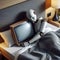 Modern humanoid robot sleeping in a hotel room