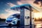 At a modern hydrogen fueling station, a sleek minibus pulls up for a refill, showcasing the future of clean and