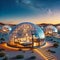 Modern igloo tents designed for luxury desert camping, set against a twilight sky filled with stars.Geodesic domes