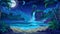 This modern illustration depicts a tropical night seascape with sandy beach and exotic palm trees. It also depicts a
