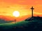 Modern Illustration of Easter Morning with Cross and Sunrise, Symbolizing Resurrection