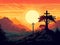 Modern Illustration of Easter Morning with Cross and Sunrise, Symbolizing Resurrection