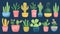 This modern illustration features cacti and succulents growing in colorful pots. This modern illustration has a