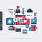 Modern illustration about social media in flat design style. Desktop computer, TV, phone, camera, tablet etc.