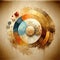 Modern illustration with watercolor circles, splashes, gold lines and geometry, rounded, brush strokes. Brown background, circles