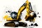 Modern illustration of a yellow backhoe. Watercolor drawing style and minimalist strokes.