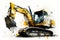 Modern illustration of a yellow backhoe. Watercolor drawing style and minimalist strokes.