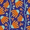 Modern Indian Floral style vector seamless pattern background. Neon orange and blue abstract echinacea flowers on