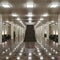 Modern indoor space with shiny corridor, stairs, seating area, square lights, marble floor