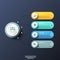 Modern infographic design template with 4 rounded rectangles, main circular element and arrows between them. Features of