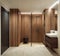 Modern interior design of bathroom shower, walnut wooden walls with rectangular mirror and vanity, minimalist and clean concept