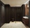 Modern interior design of bathroom shower, walnut wooden walls with rectangular mirror and vanity, minimalist and clean concept