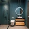 Modern interior design of bathroom vanity, Aegean blue walls with round mirrors, minimalist and clean concept