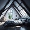 Modern Interior Design Of Bedroom In Attic, Triangle Ceiling With Wooden Beams, Window With Sun Light, Generative AI