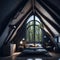 Modern Interior Design Of Bedroom In Attic, Triangle Ceiling With Wooden Beams, Window With Sun Light, Generative AI