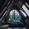 Modern Interior Design Of Bedroom In Attic, Triangle Ceiling With Wooden Beams, Window With Sun Light, Generative AI