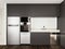 Modern interior design dark gray slat kitchen with marble countertop, glass backsplash and brushed aluminum appliances