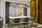 Modern interior design of grey gold dining room with side console and wooden slabs wall, dark and moody night scene