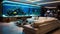 Modern interior design with large aquarium in luxury home or lobby