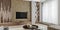 Modern interior design of living room,  angled close up view of tv wall with book shelves, stucco plaster