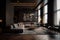 Modern interior design of the living room of an apartment house, warm colors, dark brown colors. AI Generative.