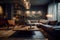 Modern interior design of the living room of an apartment house, warm colors, dark brown colors. AI Generative.