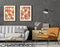 Modern interior design of living room with grey sofa, floor lamp and orange armchair 3d rendering