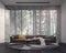 Modern interior design with look on foggy pine forest