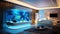 Modern interior design of luxury living room with large aquarium