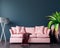 Modern interior design with pink sofa and dark green wall