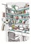 Modern interior home library, bookshelves, workplace hand drawn colorful sketch illustration.