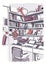 Modern interior home library, bookshelves, workplace hand drawn colorful sketch illustration.