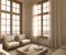 Modern interior japandi style design livingroom. Lighting and sunny apartment with large windows and view cityscape. 3d