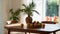 Modern interior lifestyle Mediterranean in summer scene, plant with fruit on table with light and shadow in dining room