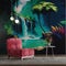Modern Interior Living Room Background Jungle Trees And Palms Amidst Waterfall Painting Style With Red Armchair And Table
