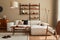 Modern interior of living room with design modular beige sofa, coffee table,  furniture, pendant lamp, shelf, slippers, carpet.