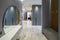 Modern interior of luxury private house. Grey tones. Entrance hall