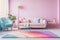 Modern interior, pastel girly living room, cozy couch, pastel pillows. Generative AI.