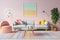 Modern interior, pastel girly living room, cozy couch, pastel pillows. Generative AI.