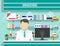 Modern interior pharmacy with male pharmacist