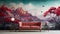 Modern Interior with Red Sofa and Mountain Mural And Tree With Red Flowers. Peaceful Interior