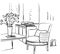 Modern interior room sketch. Table, chair, flowers