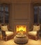 Modern interior scandinavian farmhouse style. 3d rendering illustration living room with night lighting and fireplace