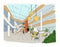 Modern interior shopping center, mall. Colorful sketch illustration.