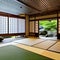 A modern Japanese tea house with tatami flooring, shoji screens, and a serene rock garden3