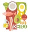 Modern keto diet design with geometric collage of keto friendly foods.