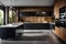 Modern kitchen, with black and wooden cupboards and big window with blinds.