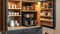 Modern kitchen cabinet with built-in espresso machine and assorted jars